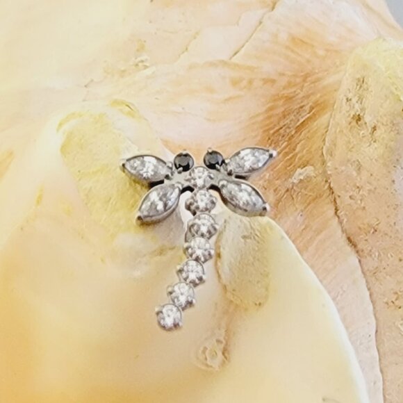 Dragonfly threadless G23 labret stud with clear gems 18G piercing jewelry - Picture 2 of 4